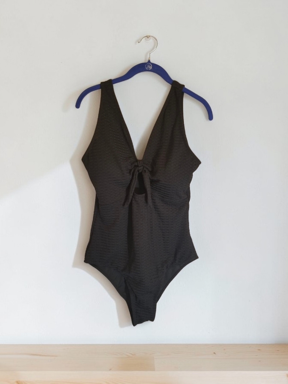 SHEIN Black Textured One-Piece Swimsuit with Front Tie